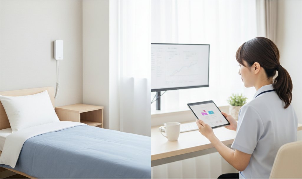 ユニット型特別養護老人ホームの居室に設置された見守りセンサーと、ステーションでタブレットの通知を確認する夜勤職員のイメージ