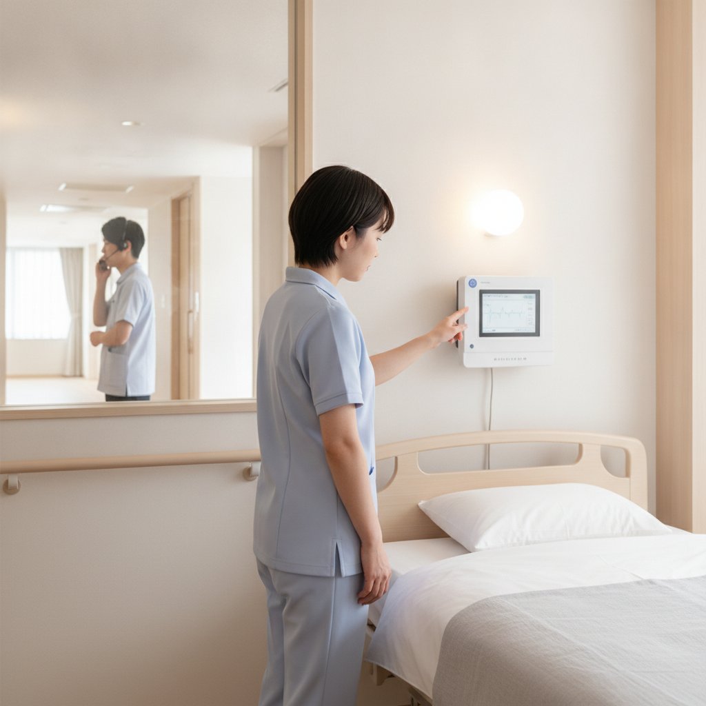 介護施設の居室でベッド上部の見守りセンサーを確認する職員と、廊下でインカムを使って連携するスタッフ