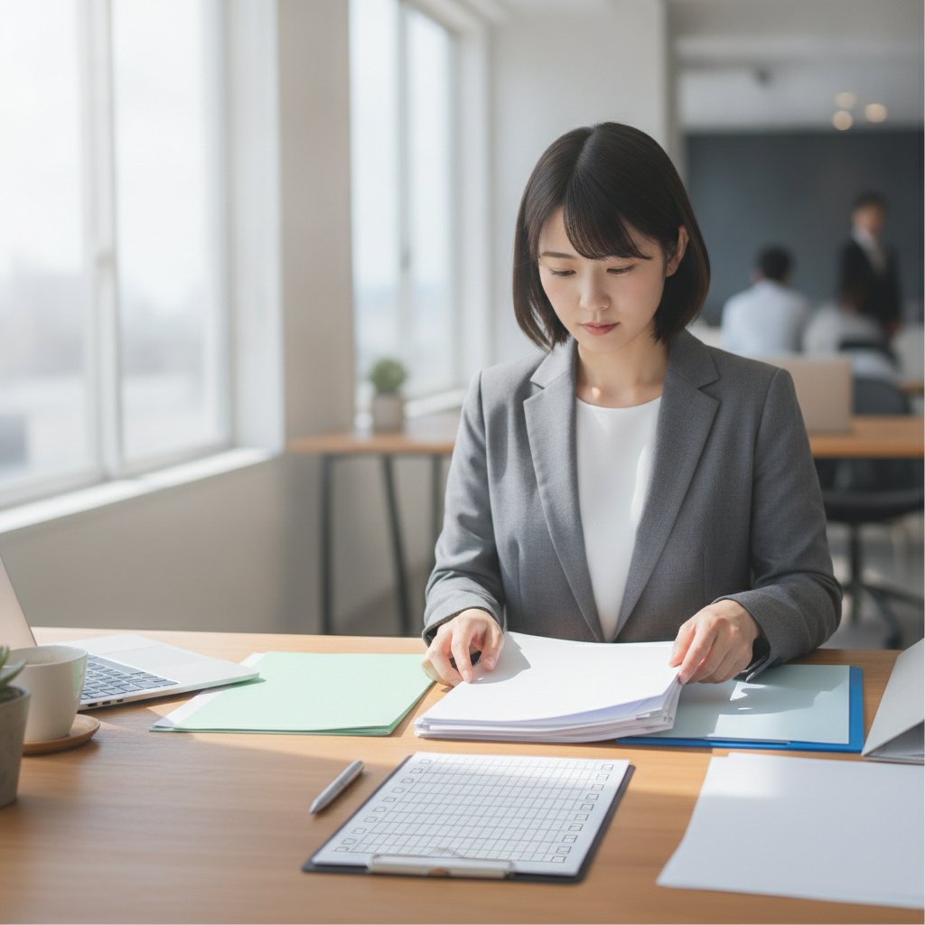 介護テクノロジー補助金の申請書類とチェックリストを確認する事務担当者
